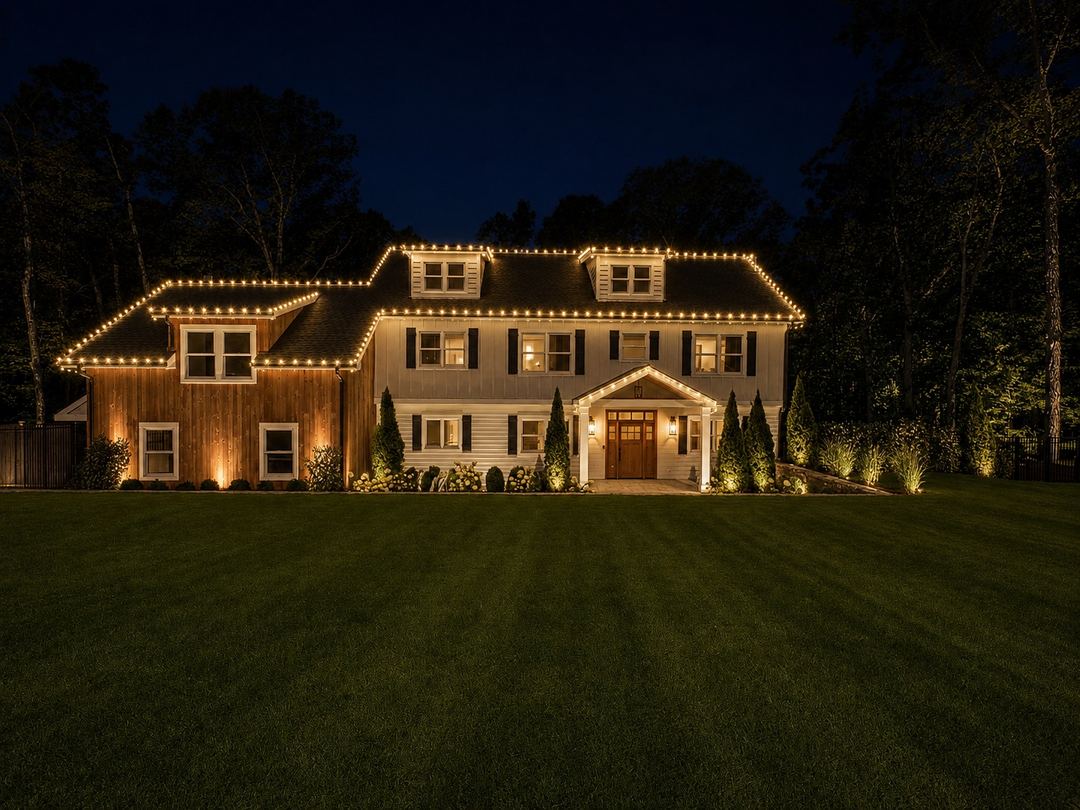 Colonial home at night with warm white Christmas lights along every roofline